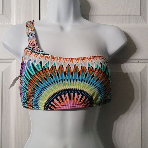 Bar III Sunburst Geo multicolor one shoulder bakini top Sz L NWT - Picture 1 of 4